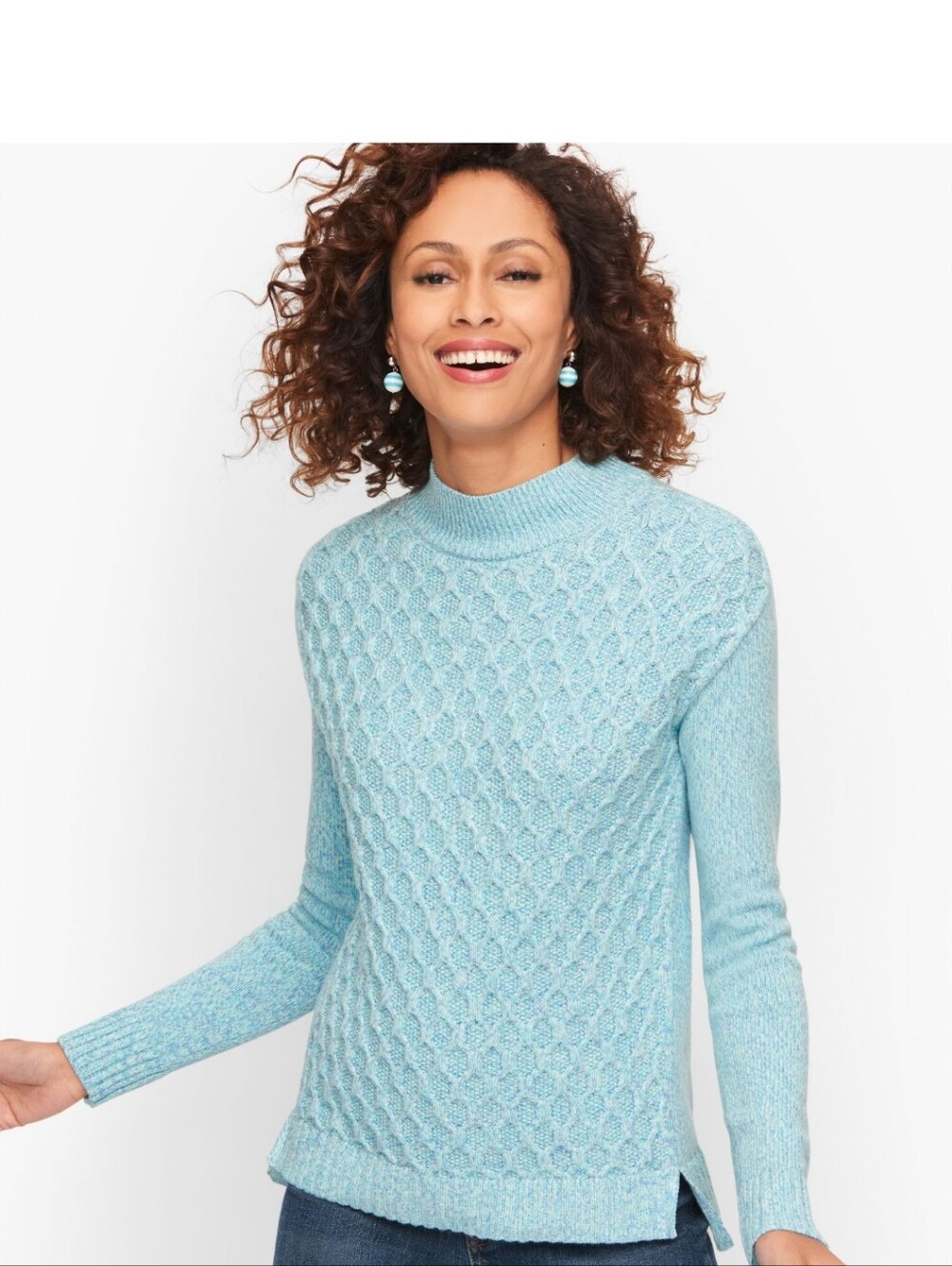 Talbots Honeycomb High-Low Mockneck Sweater, Light Blue,  Size Large